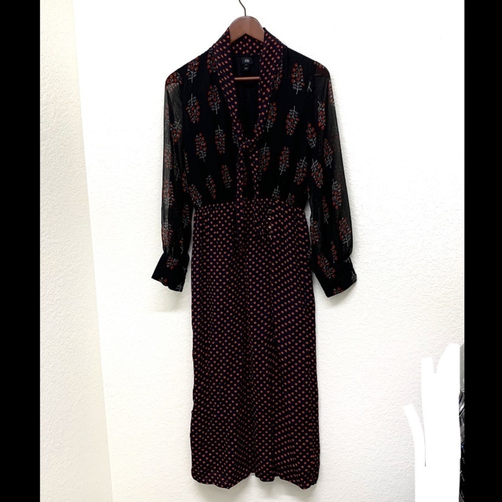 River Island tie neck navy midi dress with dainty red flowers. Size 8